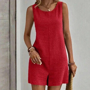 Red Boho Womens Solid Color Sleeveless Jumpsuit